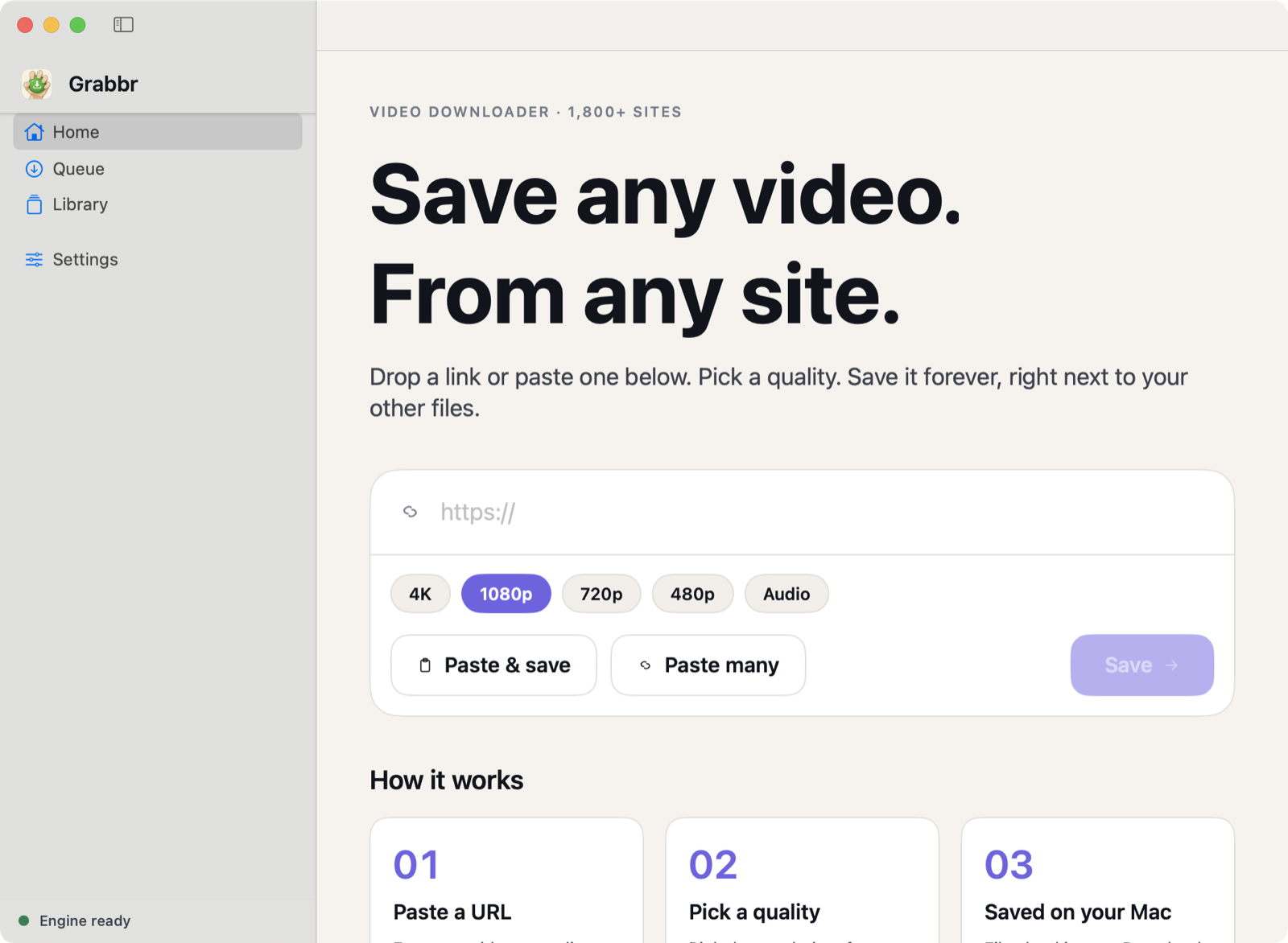 Grabbr on macOS: paste a link, pick a quality, save the video next to your other files.